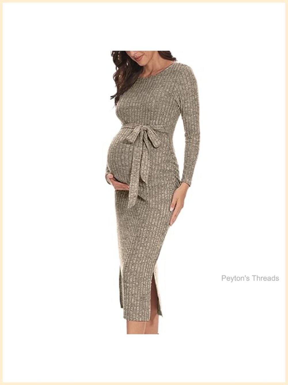 Maternity Sweater Dress Crewneck Rib Knit Long Sleeve Slit with Belt